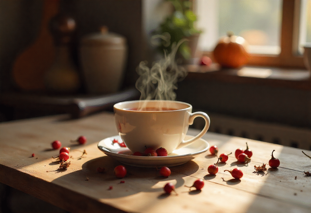 A soothing cup of rose hip tea with rose hips
