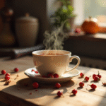 A soothing cup of rose hip tea with rose hips