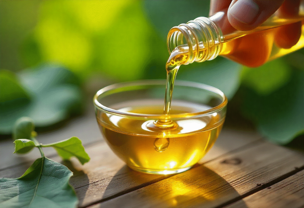 cold pressed castor oil in glass bottle with castor beans and green leaves