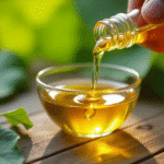 cold pressed castor oil in glass bottle with castor beans and green leaves