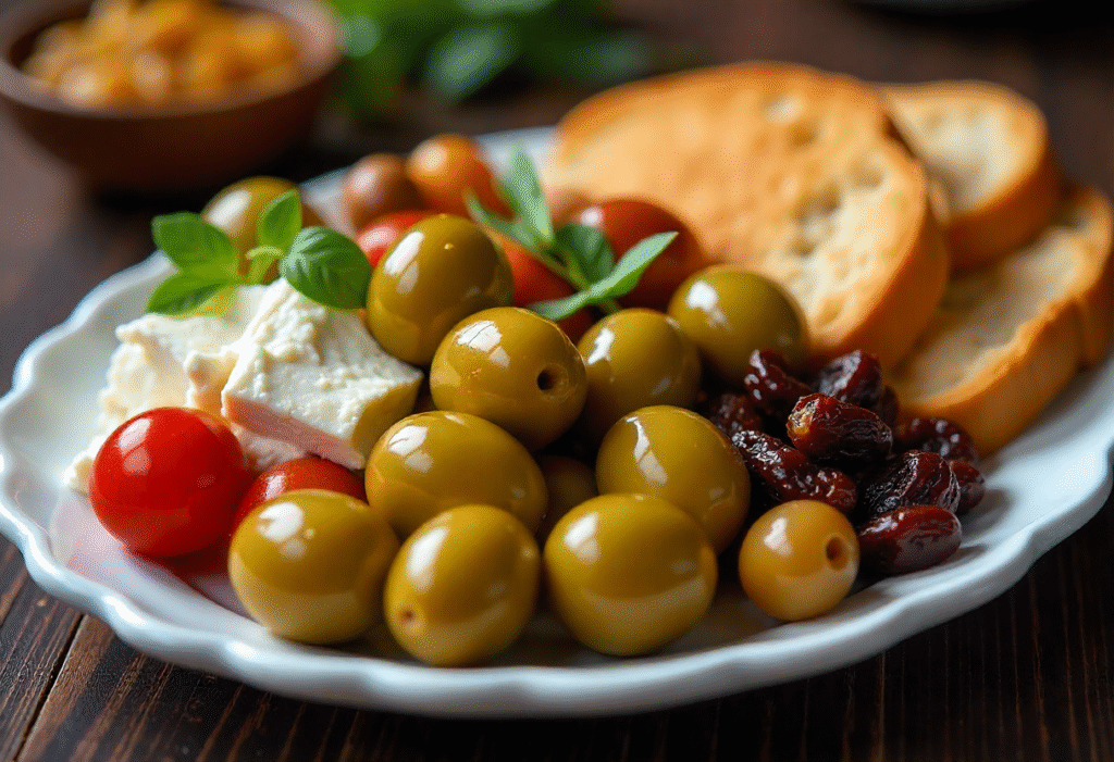 A variety of fresh olīves on a rustic Mediterranean platter