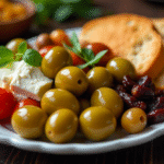A variety of fresh olīves on a rustic Mediterranean platter