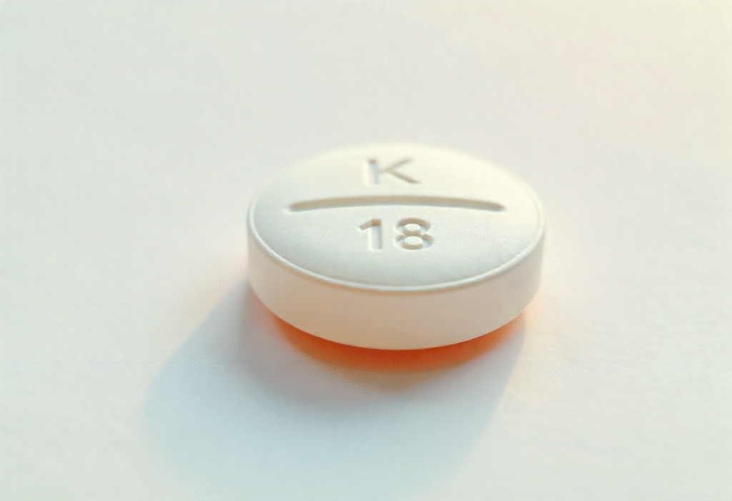White round pill with imprint K18 for accurate identification