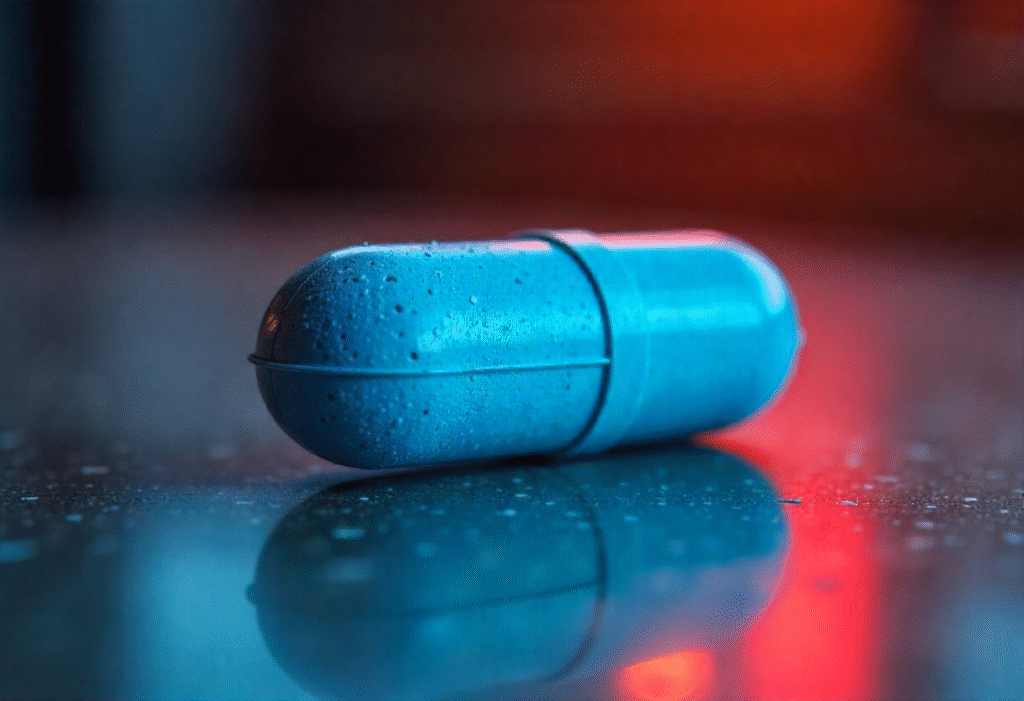 Close-up view of l368 blue pill