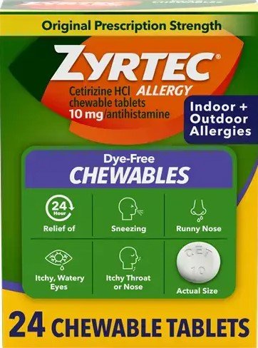 Zyrtec gluten free medication bottle with allergy relief theme