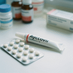 Acyclovir antiviral medication tablets and cream for herpes treatment