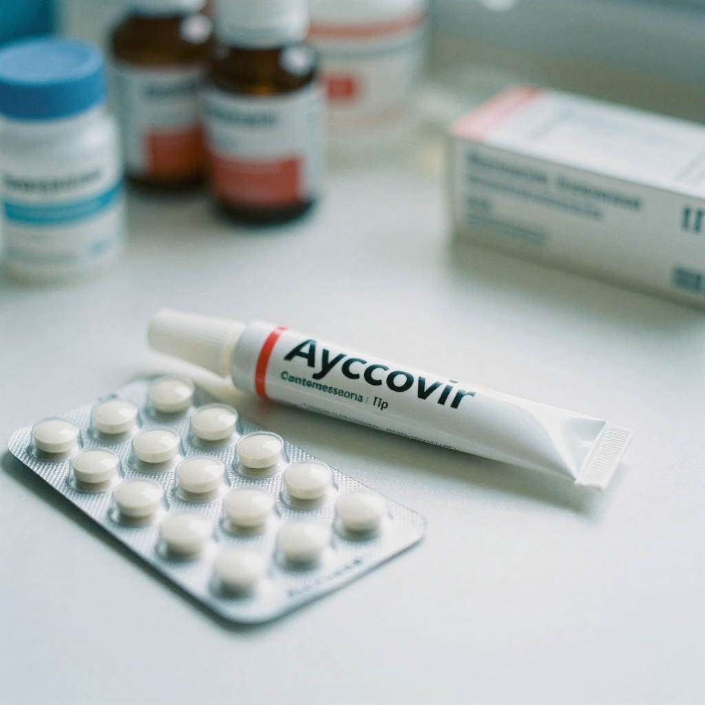 Acyclovir antiviral medication tablets and cream for herpes treatment