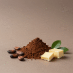 Cocoa skin benefits shown with cocoa powder and smooth glowing skin
